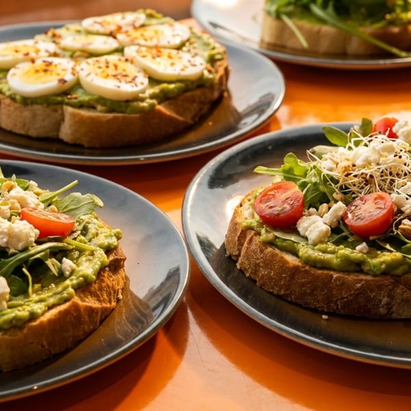 Several plates of avocado toast, some topped with eggs, others with feta, tomatoes, and sprouts.