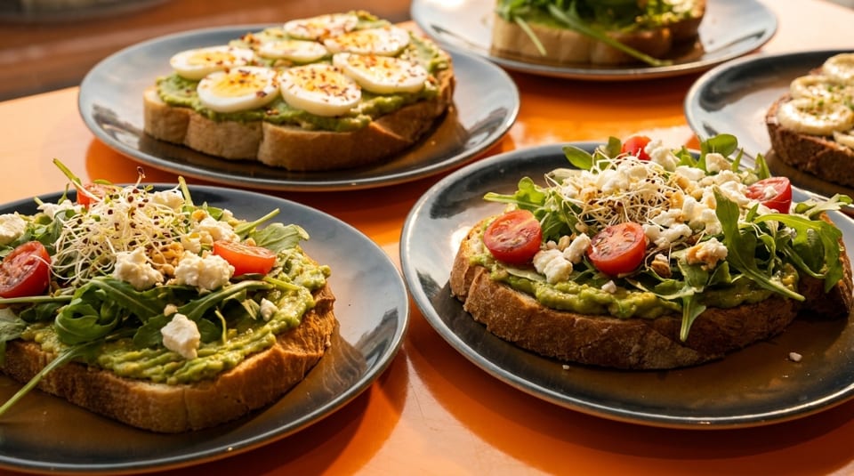 Several plates of avocado toast, some topped with eggs, others with feta, tomatoes, and sprouts.