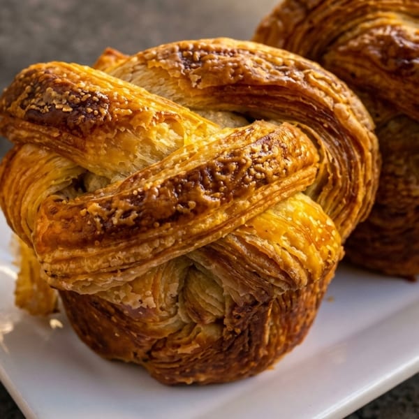 Two golden-brown, braided pastries with a sugary glaze sit on a white rectangular plate.