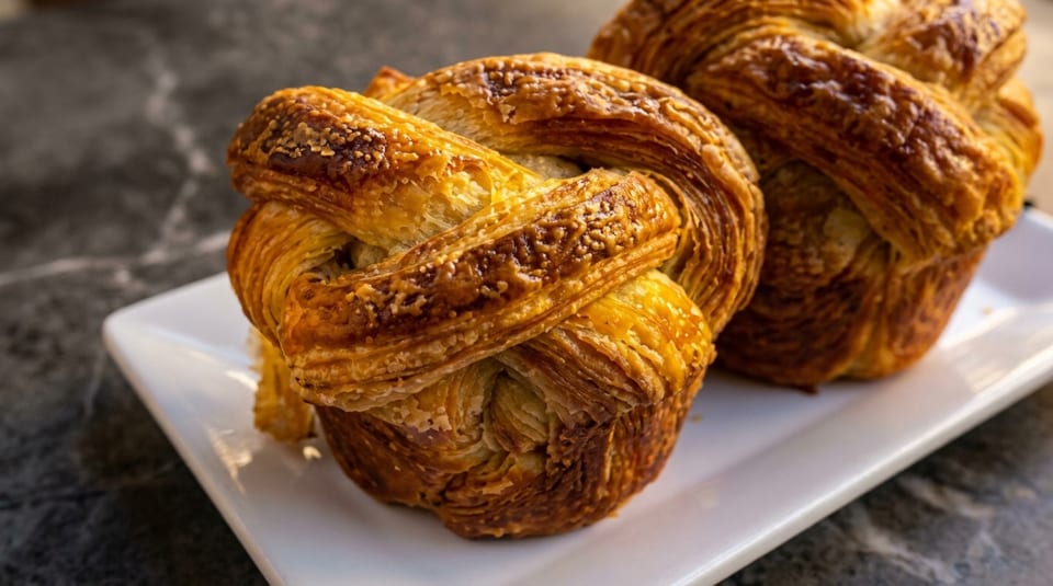 Two golden-brown, braided pastries with a sugary glaze sit on a white rectangular plate.
