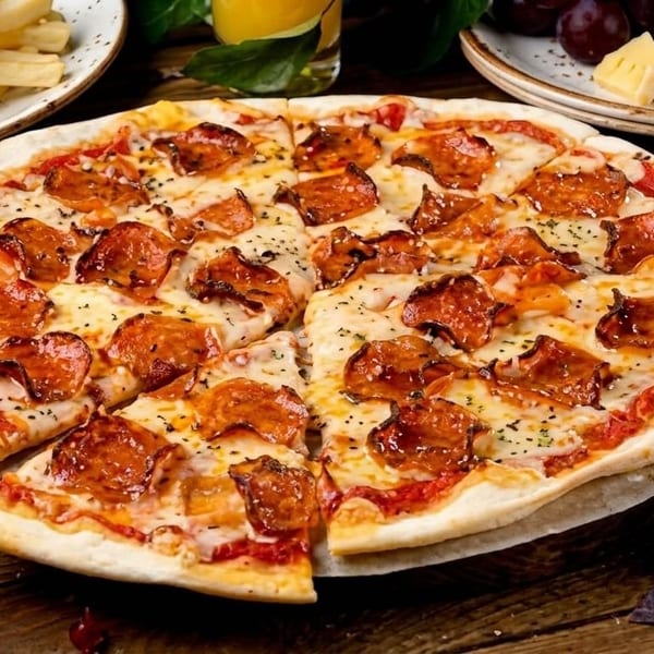 Pepperoni pizza with melted cheese and herbs, surrounded by fries, cheese, and grapes on a wooden table.