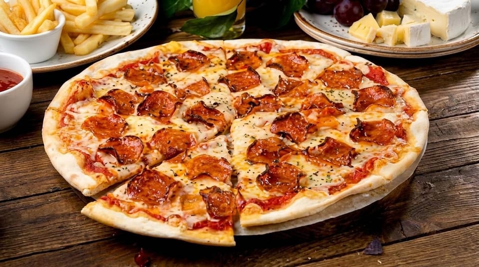 Pepperoni pizza with melted cheese and herbs, surrounded by fries, cheese, and grapes on a wooden table.