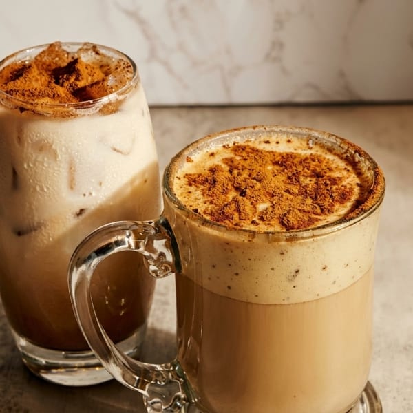 Two coffee drinks, one iced and one hot, both topped with cinnamon, on a marble counter.
